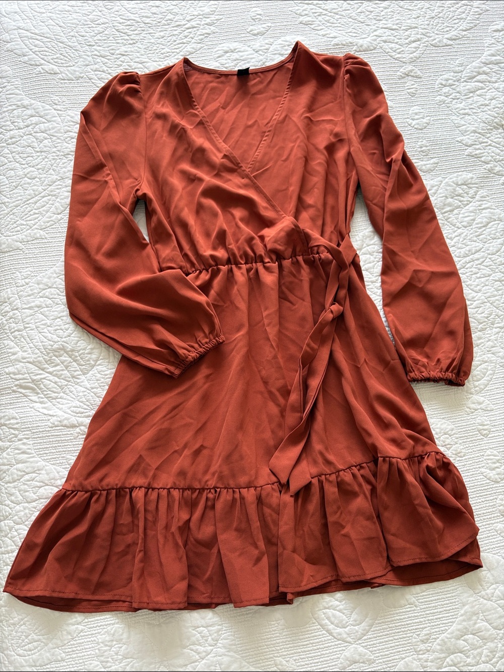 SHEIN Girls Rust Wrap Ruffle Dress